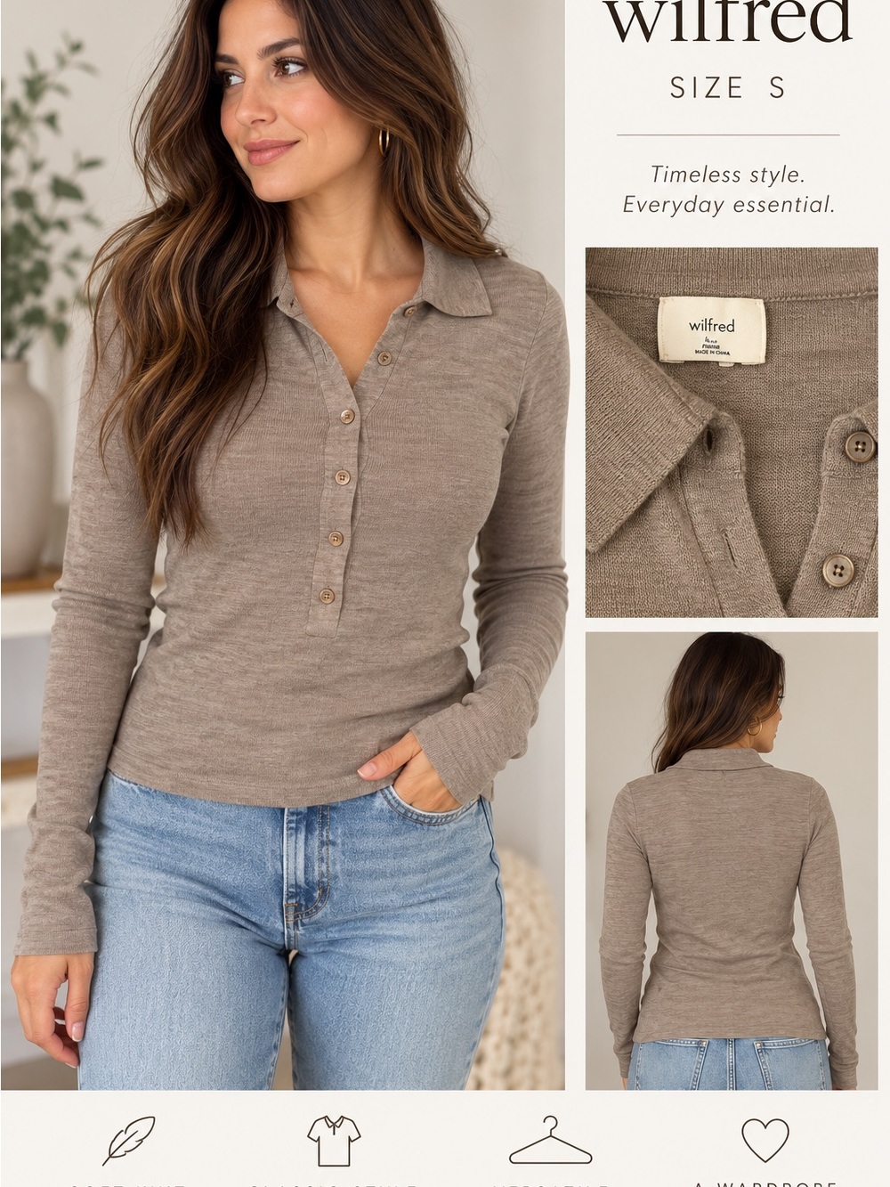 Wilfred Taupe Long-Sleeve Polo Henley Top